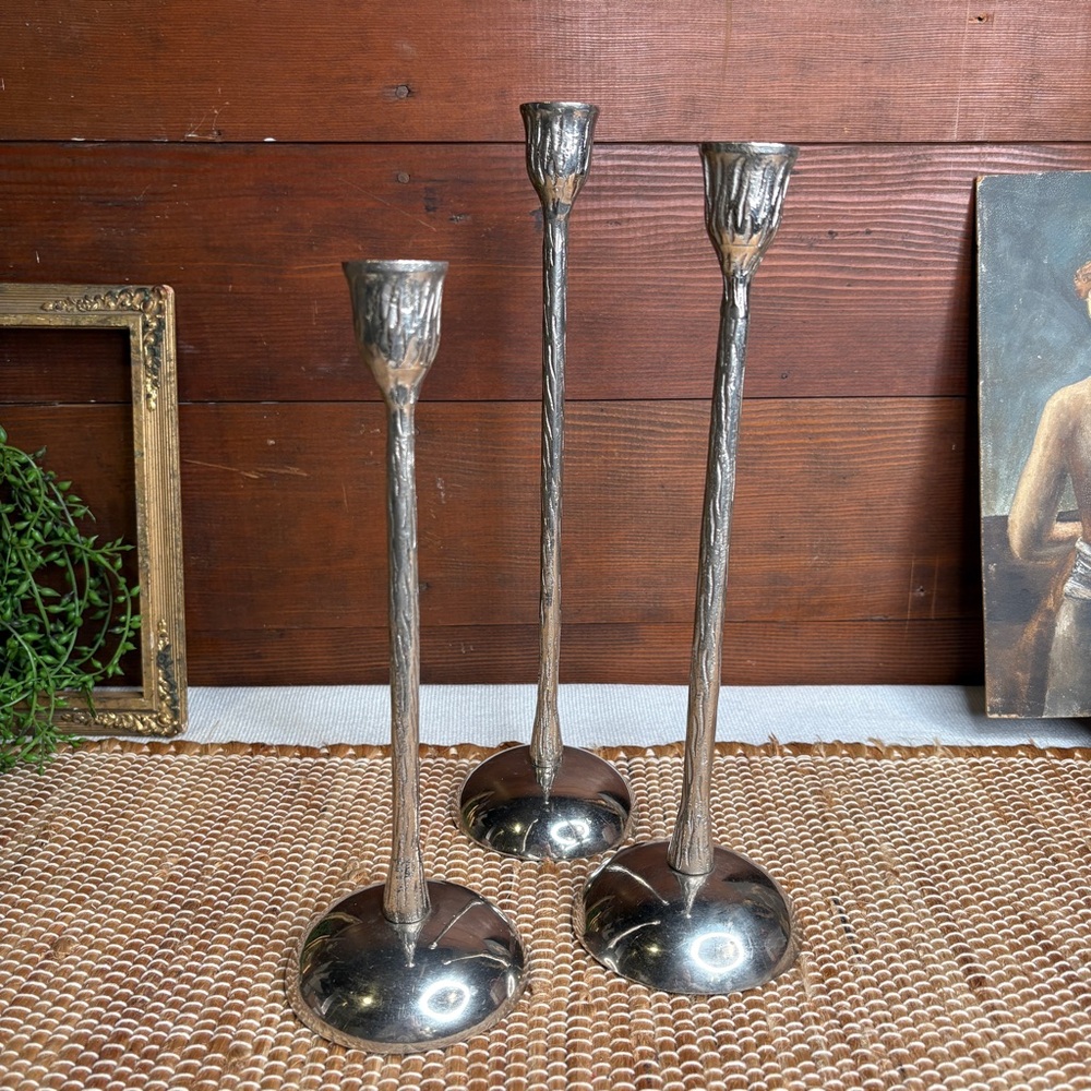 Set of 3 Vintage Silver Tree Bark Textured Taper Candlesticks of Varying Heights